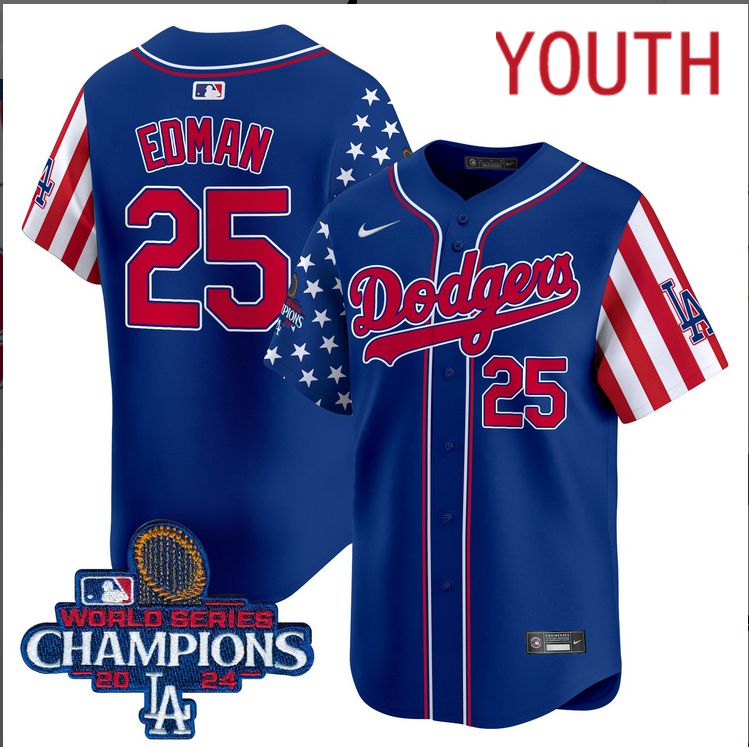 Youth MLB Los Angeles Dodgers #25 Edman American Style blue 2024 World Series Champions  Limited Jersey